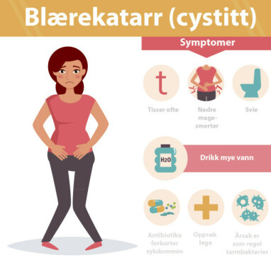 DEN VANLIGSTE TYPE UVI: Blærekatarr gir klassiske symptomer som hyppig vannlating med svie og nedre magesmerter. Noen har ingen symptomer. Foto: NTB Scanpix/Shutterstock. Norsk tekst v. Lommelegen. DEN VANLIGSTE TYPE UVI: Blærekatarr gir klassiske symptomer som hyppig vannlating med svie og nedre magesmerter. Noen har ingen symptomer. Foto: NTB Scanpix/Shutterstock. Norsk tekst v. Lommelegen.